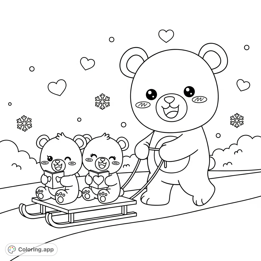 A heartwarming kawaii bear family sledding, with dad pulling two cubs holding valentine cards. Features simple shapes, hearts, and snowflakes for a joyful scene.