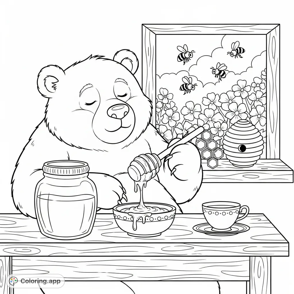 A charming kawaii bear sits peacefully, drizzling honey into a bowl. Features a cozy table setting with a teacup and a window view of bees and flowers.