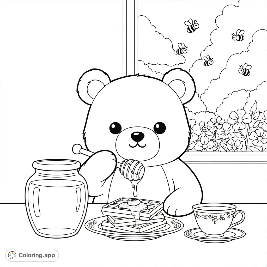 A peaceful kawaii bear enjoys a sweet moment, drizzling honey onto waffles at a cozy table, with a window view of bees and flowers. Delightful and charming!