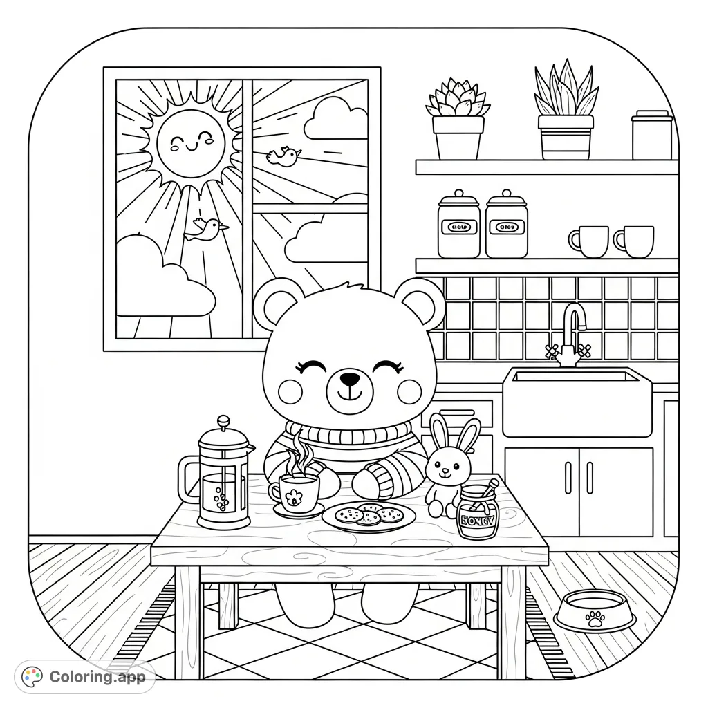 An adorable kawaii bear sips coffee in a cozy kitchen, surrounded by treats, a bunny friend, and a sunny window. Perfect for a relaxing coloring session!