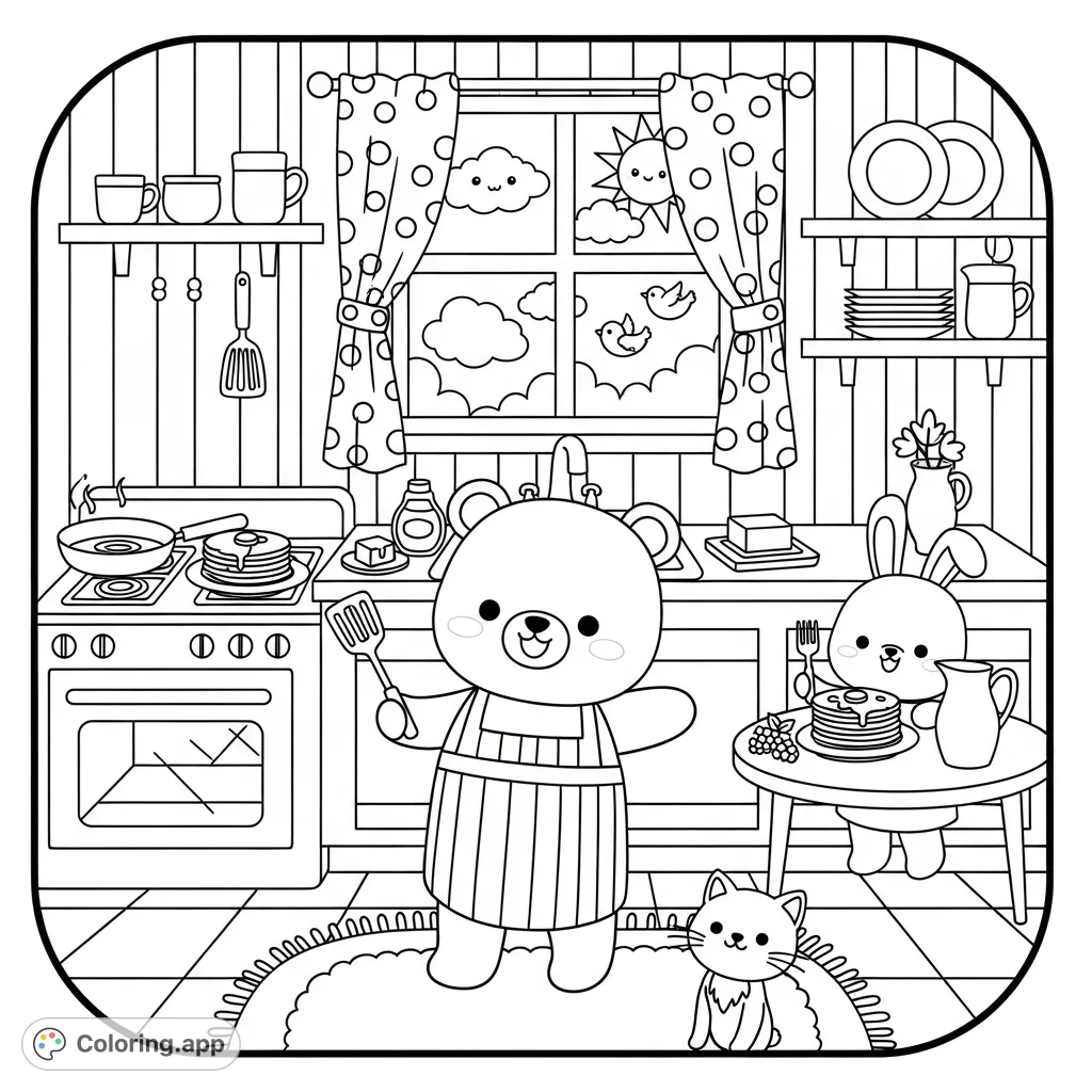 A delightful kawaii bear prepares fluffy pancakes in a cozy kitchen, while a bunny eagerly waits, all set against a cheerful morning backdrop.