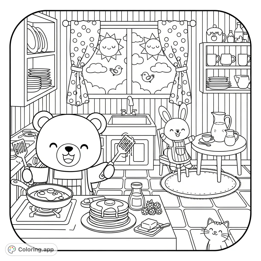 A charming Kawaii bear whips up pancakes in a cozy kitchen, while an excited bunny and watchful cat await breakfast. Perfect for a warm, joyful coloring experience!