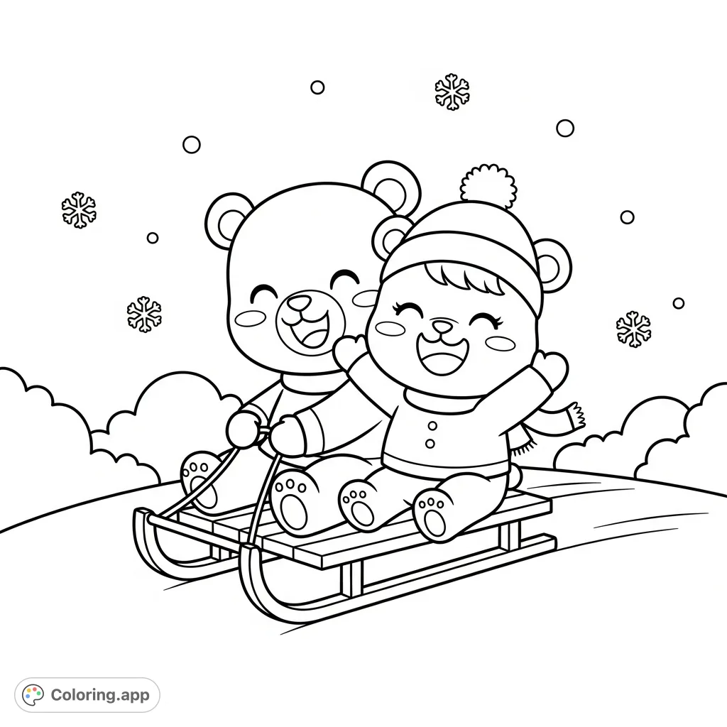Join two adorable kawaii bear siblings on a joyful sledding adventure down a snowy hill, surrounded by delicate snowflakes and simple bushes. Perfect for kids!