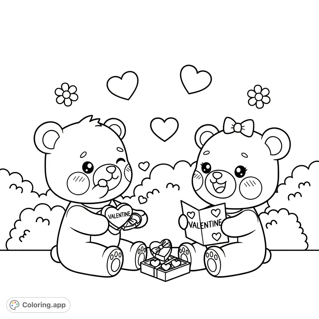 Adorable kawaii bear siblings exchange sweet treats and a heartfelt valentine, a charming scene of affection and joy perfect for a lovely coloring page.