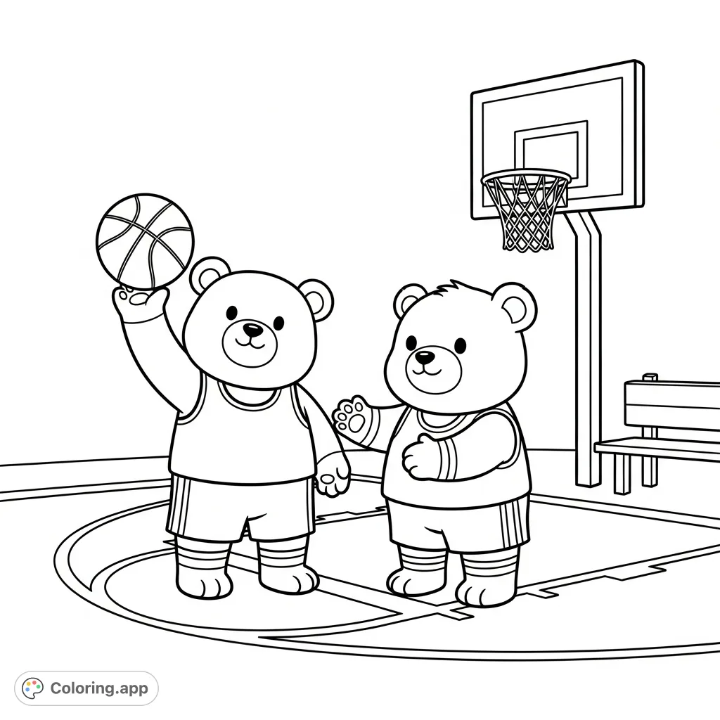 Two adorable kawaii bears play basketball, one shooting, the other ready to catch. A fun and simple sports coloring page for all ages.