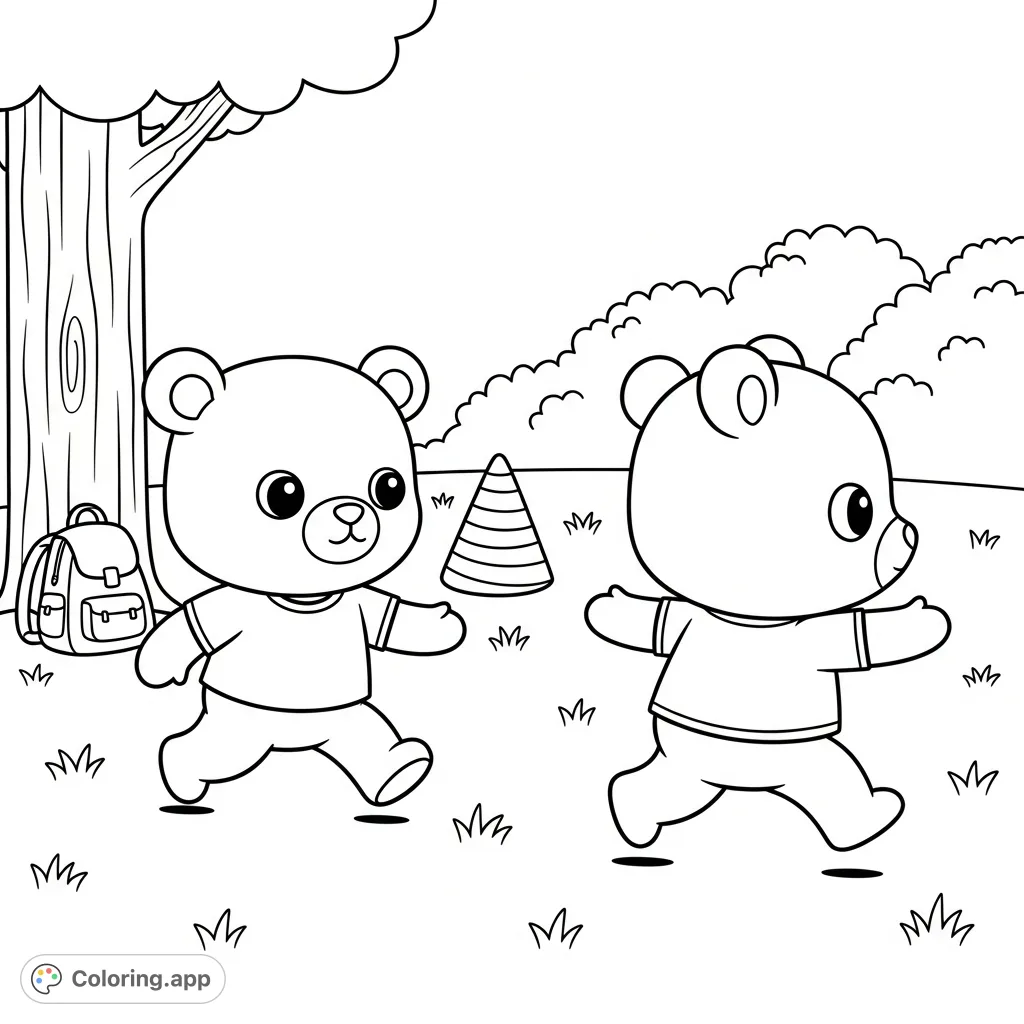 A delightful kawaii bear coloring page featuring two adorable bears in a playful chase, surrounded by simple outdoor elements. Perfect for young artists!