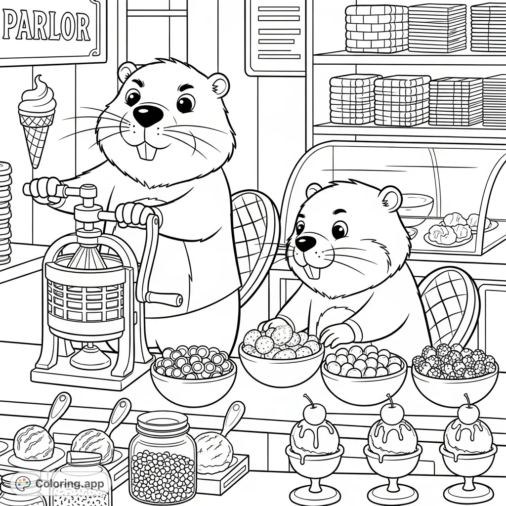 A charming kawaii beavers ice cream parlor coloring page, perfect for anyone who loves sweet treats and cute animals. Features two beavers making ice cream!