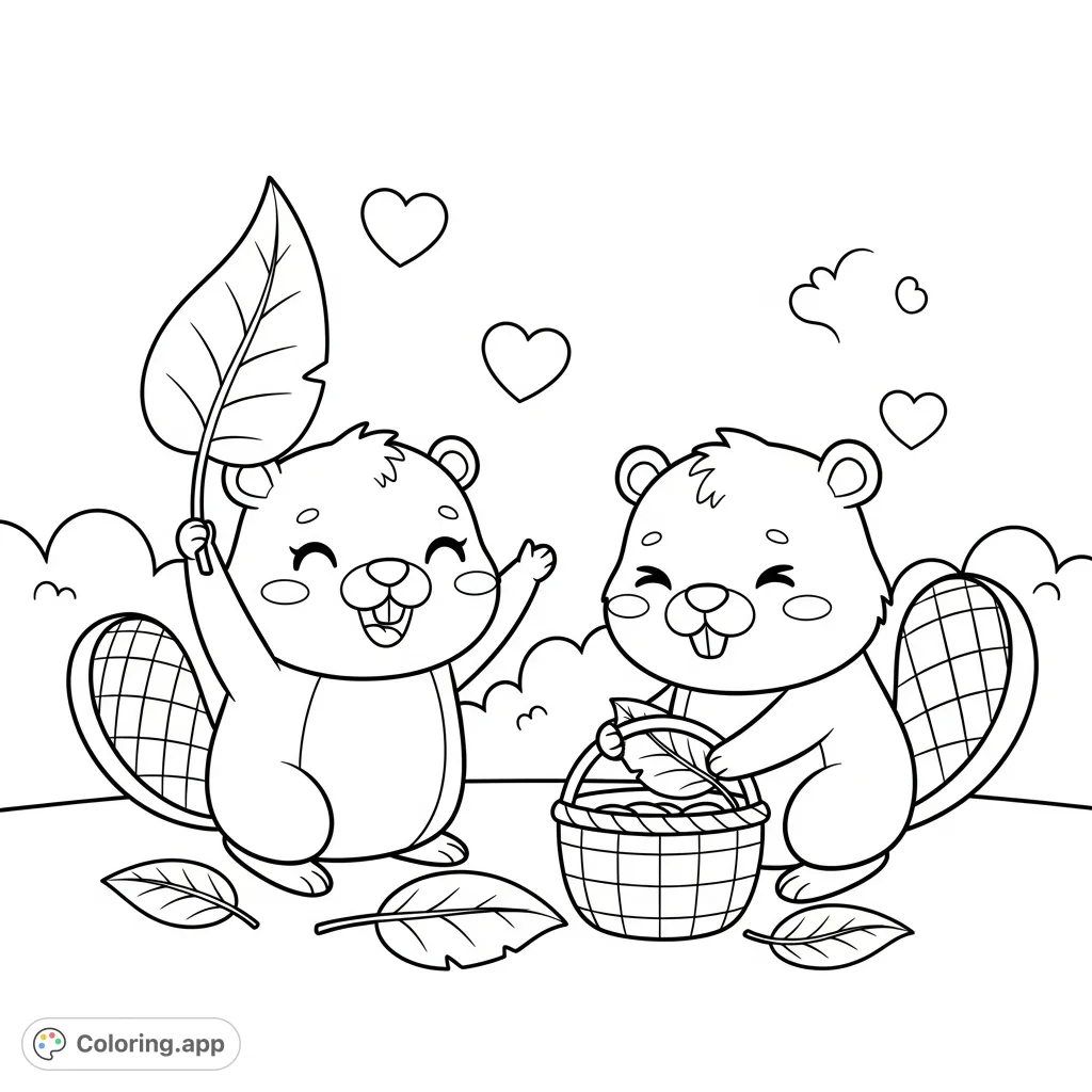 Two adorable kawaii beavers happily collect leaves, kneeling by a basket with sweet expressions. A charming nature scene with floating hearts and rounded bushes.