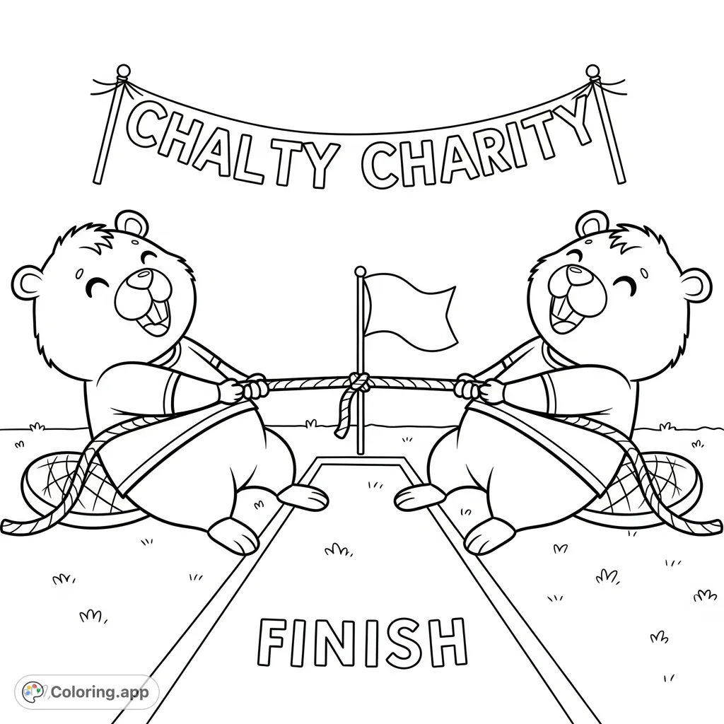 A fun kawaii beavers tug-of-war scene with cheerful characters, a thick rope, and a cheering banner, perfect for a joyful coloring experience.