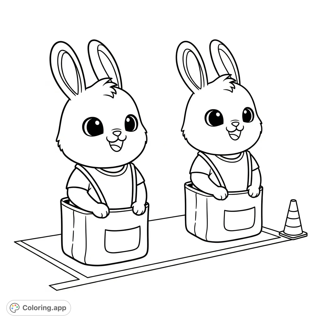 A delightful kawaii bunny coloring page featuring two adorable bunnies in simple bags, ready to race across a finish line. Perfect for young colorists!