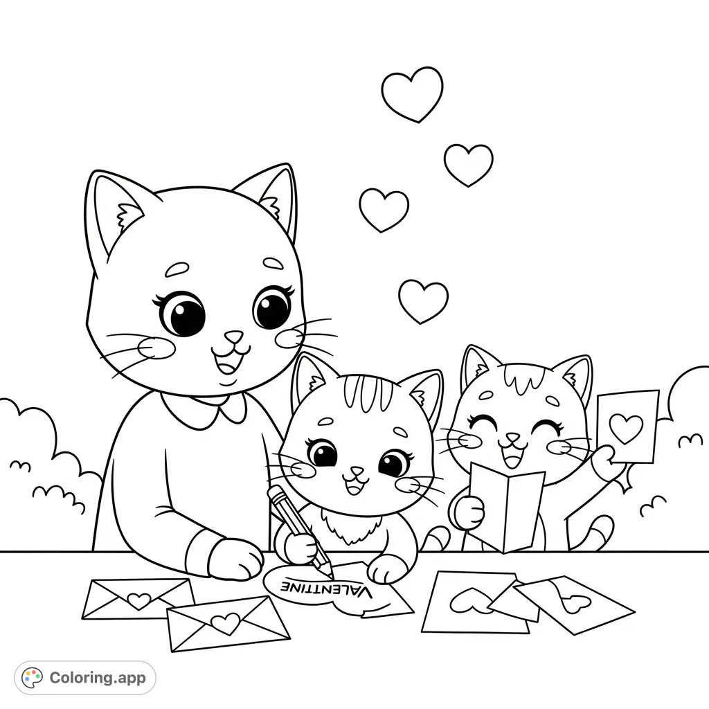 A heartwarming kawaii cat family scene! Cat mom helps her kittens craft sweet valentine letters with adorable hearts and joyful expressions. A purr-fect free printable coloring page.