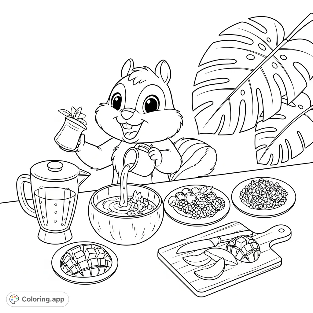 A delightful kawaii chipmunk with an excited smile prepares a tropical smoothie bowl, surrounded by fresh toppings like berries, granola, and sliced mango.