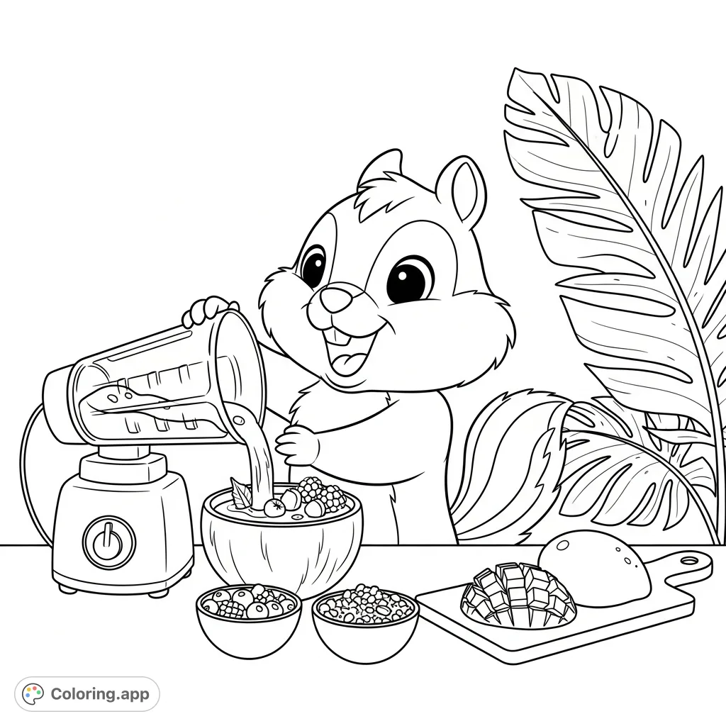 A happy kawaii chipmunk makes a delicious smoothie with fresh mango, berries, and granola, set in a cozy tropical scene. Perfect for a refreshing coloring escape.