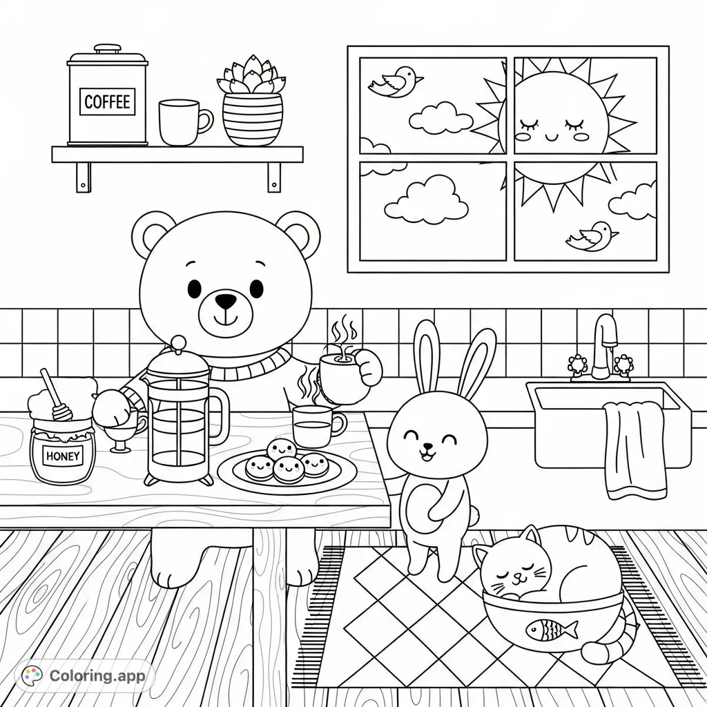 A heartwarming kawaii kitchen scene featuring a cheerful bear making coffee, a curious bunny, and a napping cat. Filled with delightful details for a cozy coloring experience.