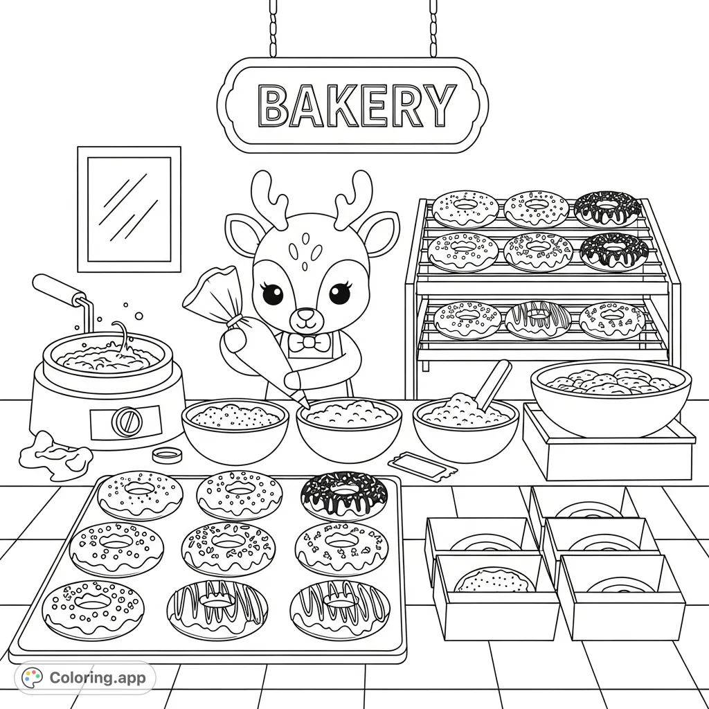 A charming kawaii deer creates delicious, decorated donuts in a vintage-style bakery. Filled with intricate details for an engaging coloring experience!