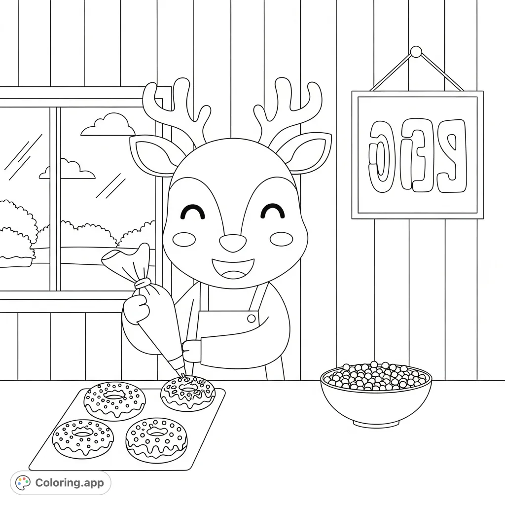 A charming, cozy kawaii deer cheerfully decorates donuts at a bakery counter, surrounded by sweet treats and a playful, inviting scene.
