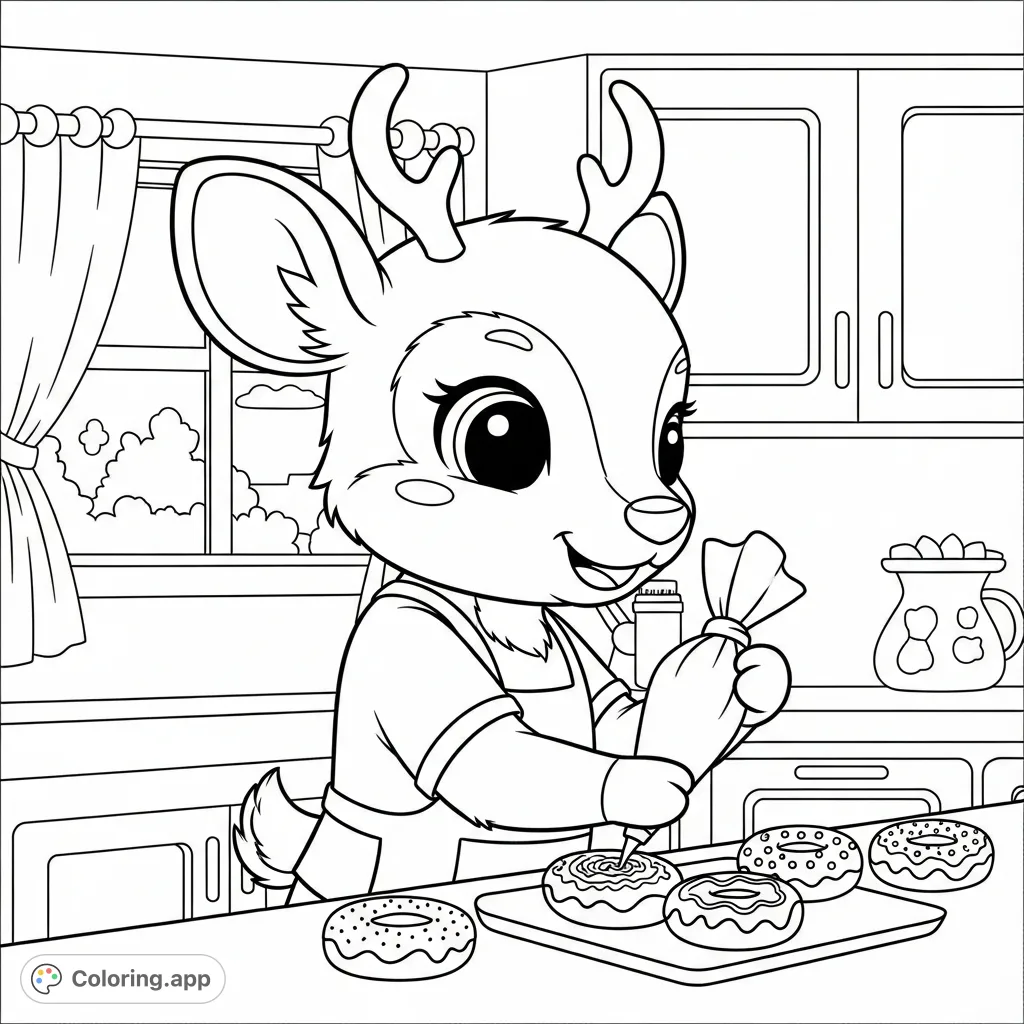 A delightful kawaii deer decorates doughnuts in a cozy kitchen, perfect for a fun coloring session. Free printable coloring page for kids!