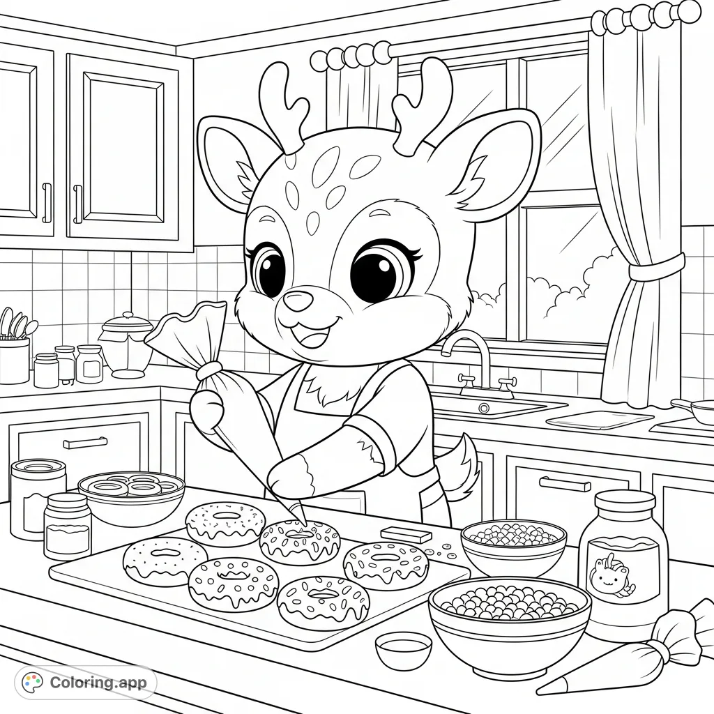 An adorable kawaii deer happily decorates delicious doughnuts in a cozy kitchen, complete with icing, sprinkles, and baking fun. Perfect for children!