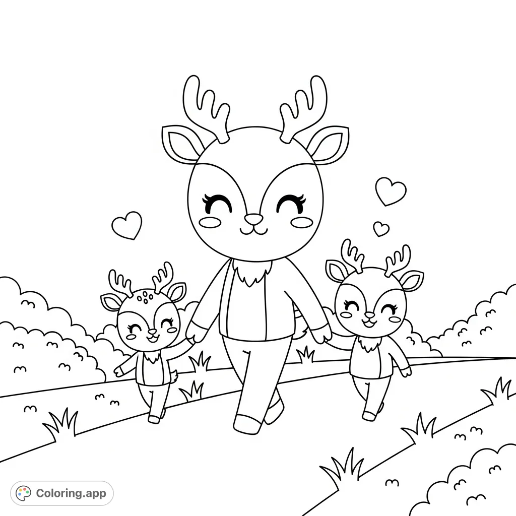 A heartwarming kawaii deer family coloring page featuring a dad and two kids walking together, smiling sweetly amidst a charming path with bushes and floating hearts.