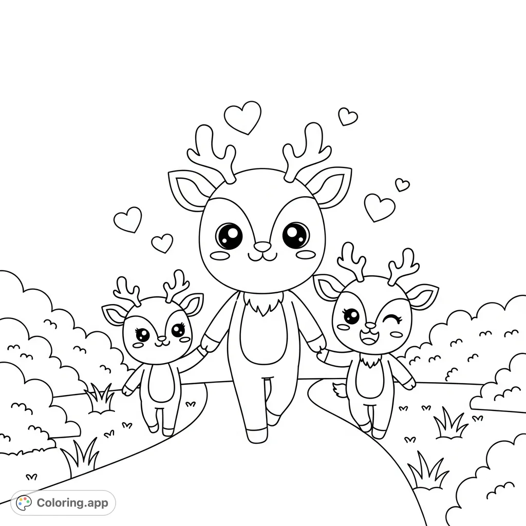 A heartwarming kawaii deer family coloring page featuring a deer dad walking with two adorable deer kids, surrounded by floating hearts and a cozy path.