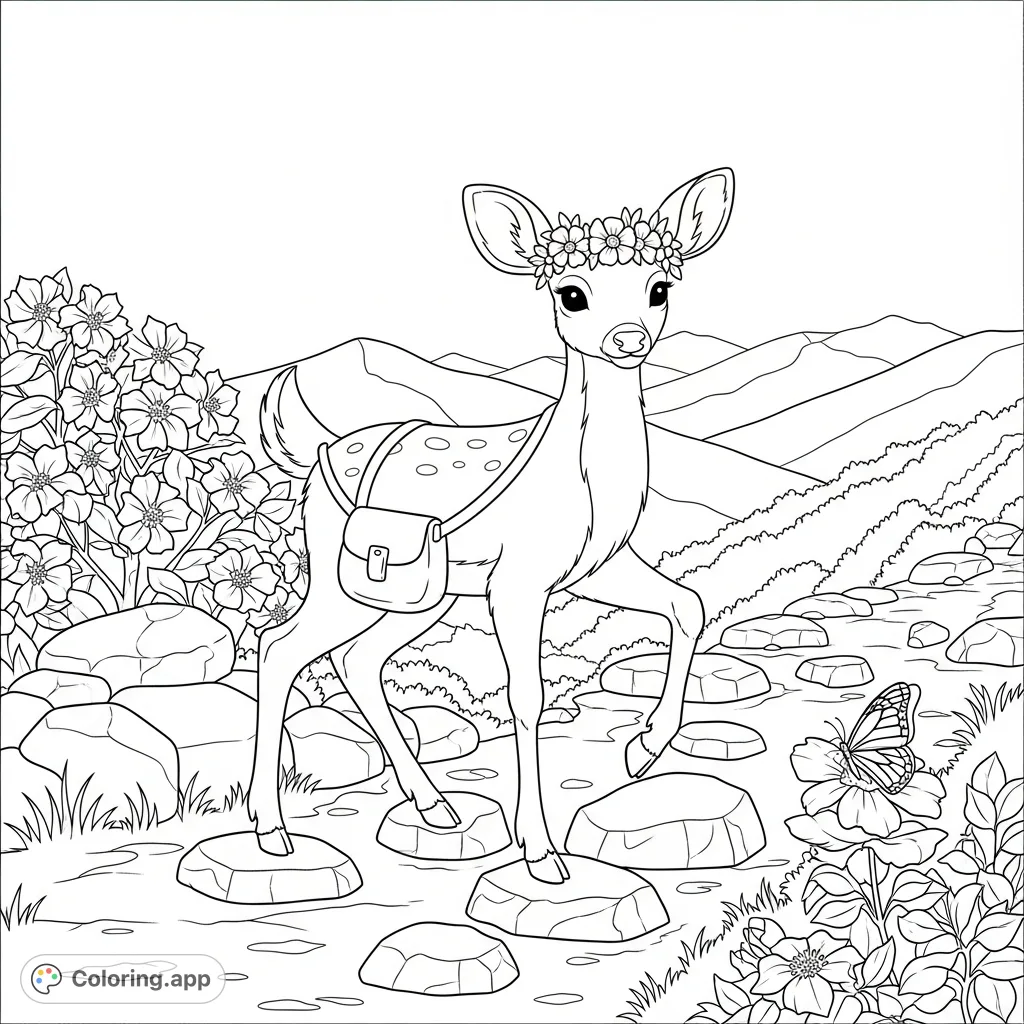 Discover a charming kawaii deer adorned with a flower crown and satchel, exploring a rocky mountain trail with a butterfly and scenic overlook.
