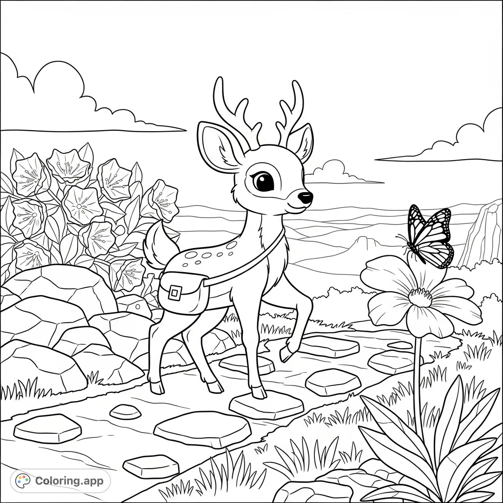 A charming kawaii deer explores a rocky trail with a satchel, surrounded by boulders and mountain laurel. A butterfly graces a flower in this serene, scenic overlook.