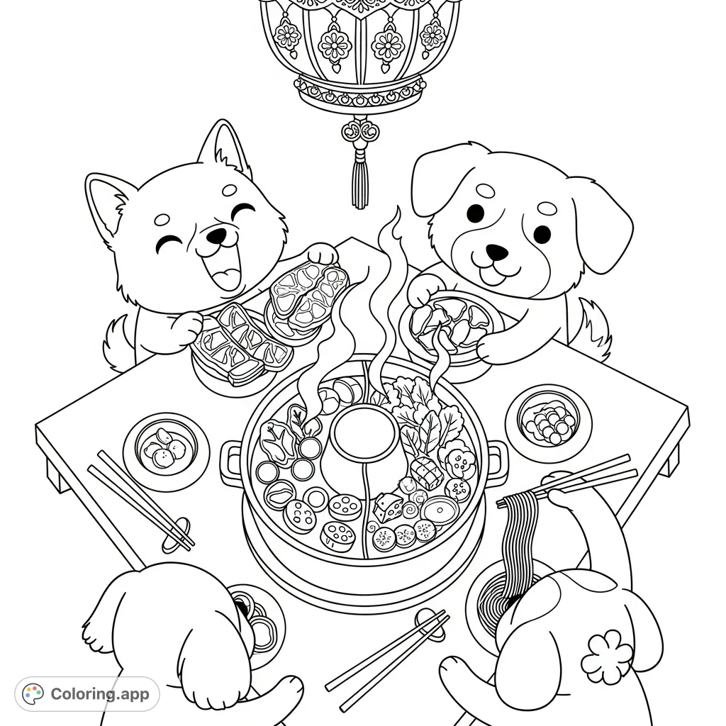 Three adorable kawaii dogs prepare a delicious hot pot feast in a cozy Asian dining setting, arranging meats, vegetables, and noodles with joyful expressions.