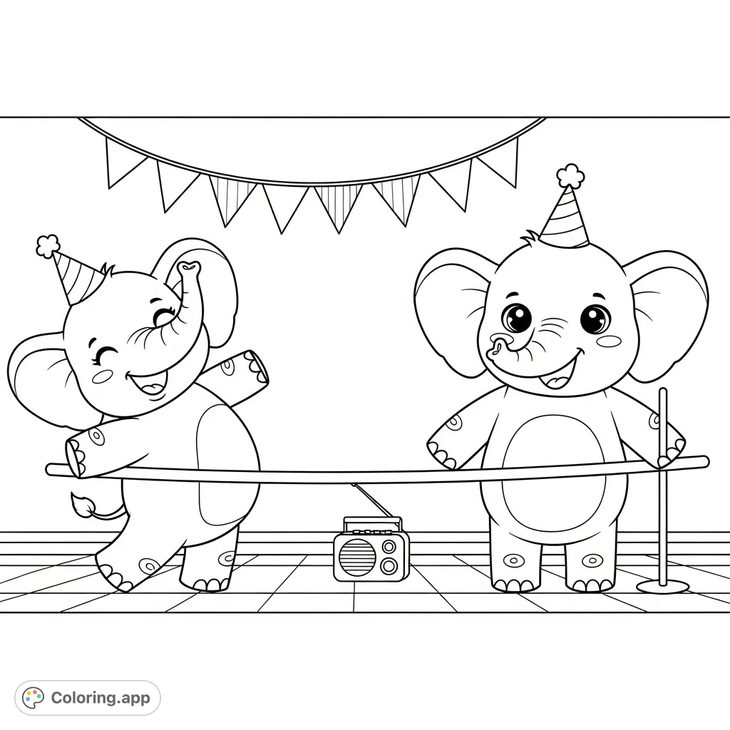 Two cheerful kawaii elephants perform limbo on a patio, one bending under a stick held by the other. Features round faces, party hats, and a cozy party setting.