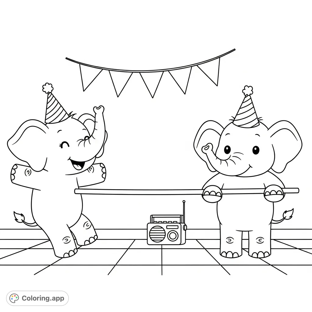 Two adorable kawaii elephants enjoy a playful limbo dance on a patio with festive party hats and a cheerful banner. A delightful and whimsical scene for coloring.