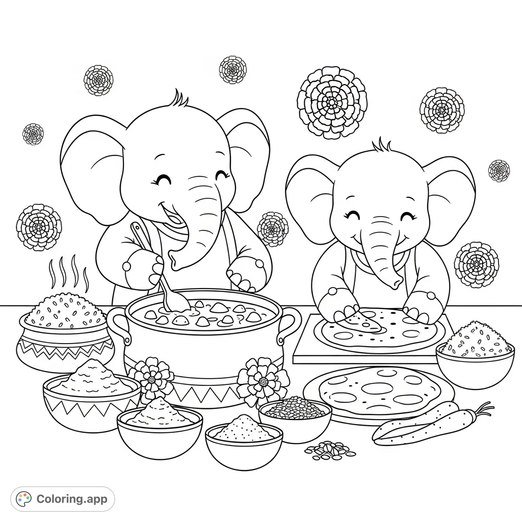 Cozy Indian kitchen scene featuring two kawaii elephants preparing delicious curry and naan, surrounded by aromatic spices and marigold flowers. An inviting Indian kitchen coloring page for adults.