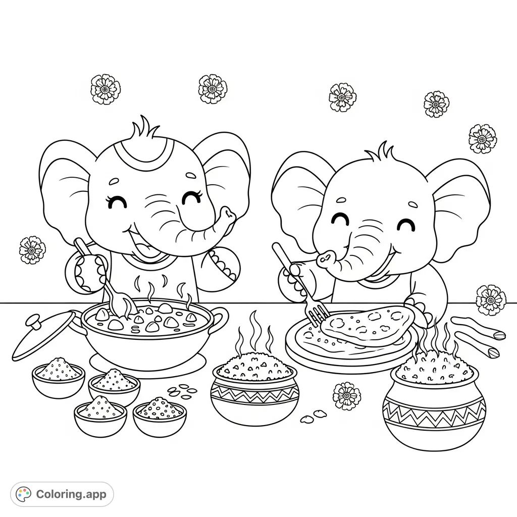 Discover a charming Indian-style kitchen scene featuring two kawaii elephants happily cooking curry and naan. A delightful, detailed coloring page.