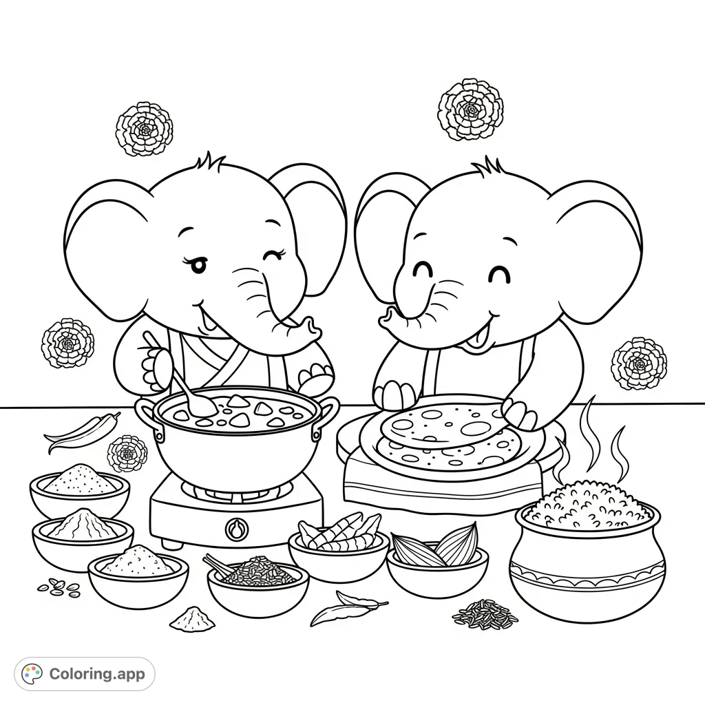 Delightful kawaii elephants prepare an Indian feast, one stirring curry while the other makes naan. Features steaming rice, aromatic spices, and marigold flowers.