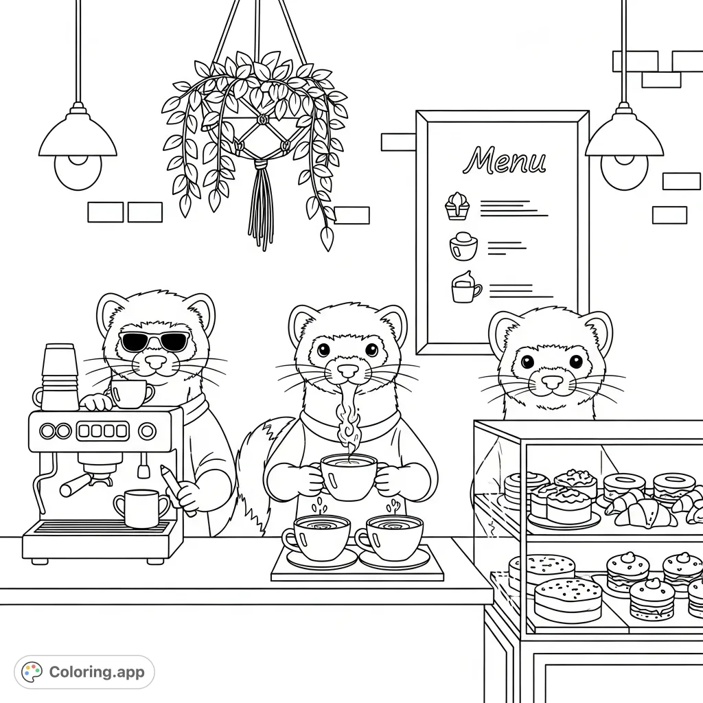 A charming kawaii ferret café scene where three adorable ferrets serve coffee and pastries. Perfect for a relaxing coloring experience for all ages.