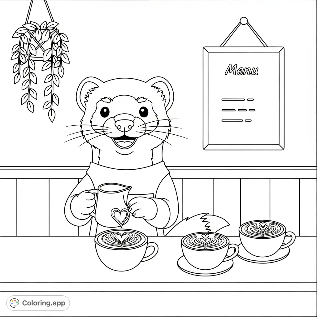 A charming kawaii ferret barista crafts heart-shaped latte art in a cozy café scene, complete with finished drinks, a menu, and a plant.