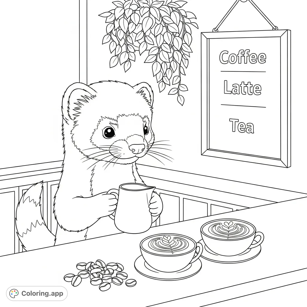 A charming kawaii ferret barista crafts beautiful latte art in a cozy cafe scene. Perfect for coffee lovers and cute animal enthusiasts!
