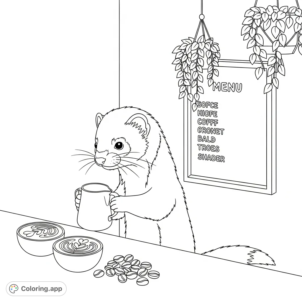 A charming kawaii ferret diligently crafts latte art behind a cozy cafe counter, complete with finished drinks, coffee beans, and a chalkboard menu.