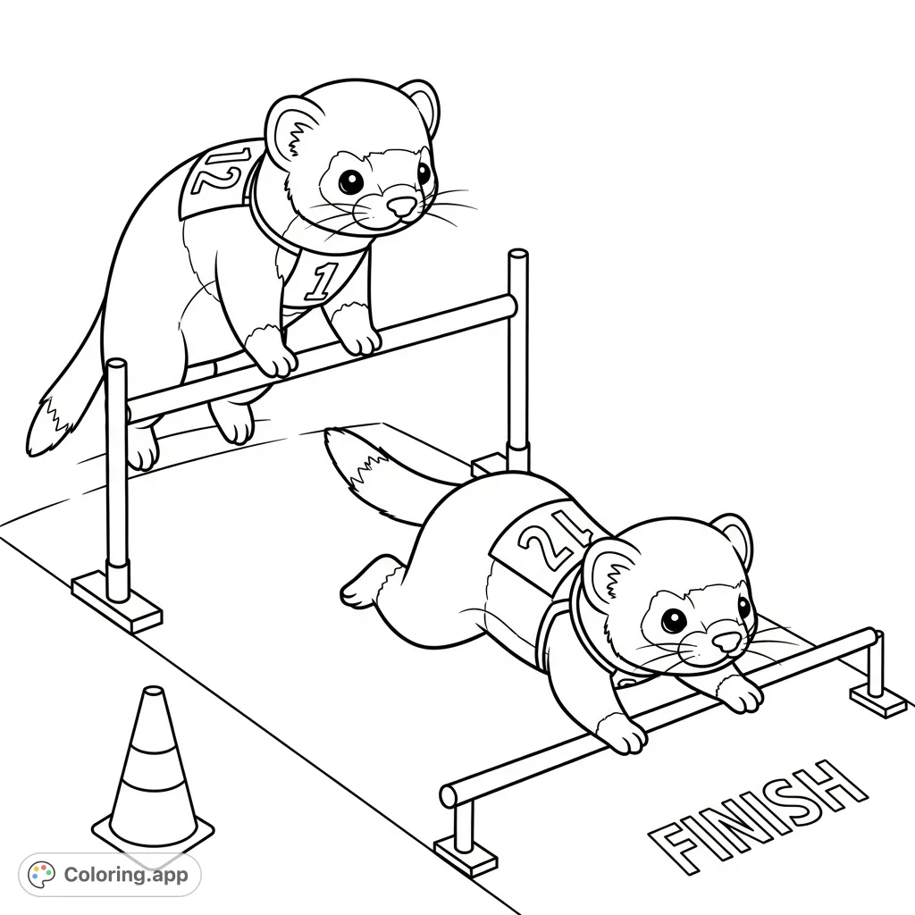 A charming kawaii ferrets obstacle course coloring page featuring two adorable ferrets navigating a low hurdle and a limbo bar, ready for your creative touch.