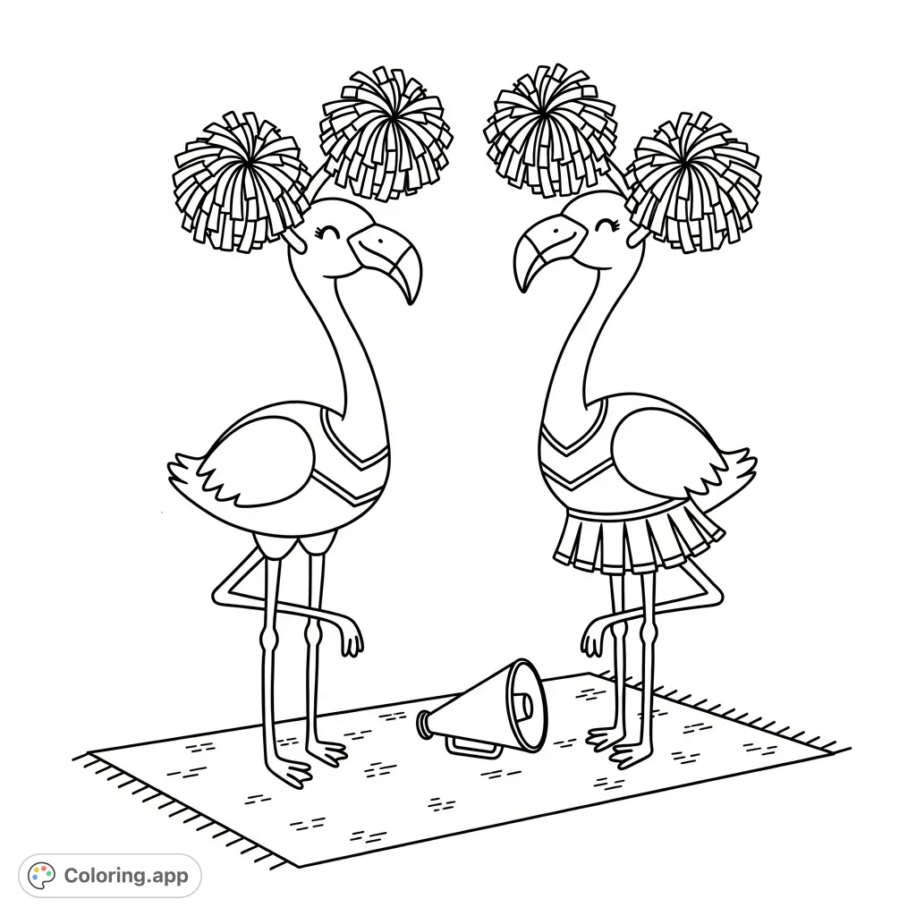 Bring two adorable kawaii flamingos to life as they perform a lively cheerleading routine. Perfect for a fun, uplifting coloring experience.