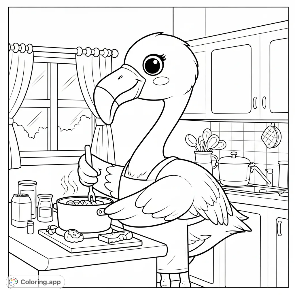 A delightful kawaii flamingo cooking in a cozy kitchen, complete with an apron and kitchen essentials. Perfect for imaginative coloring adventures!