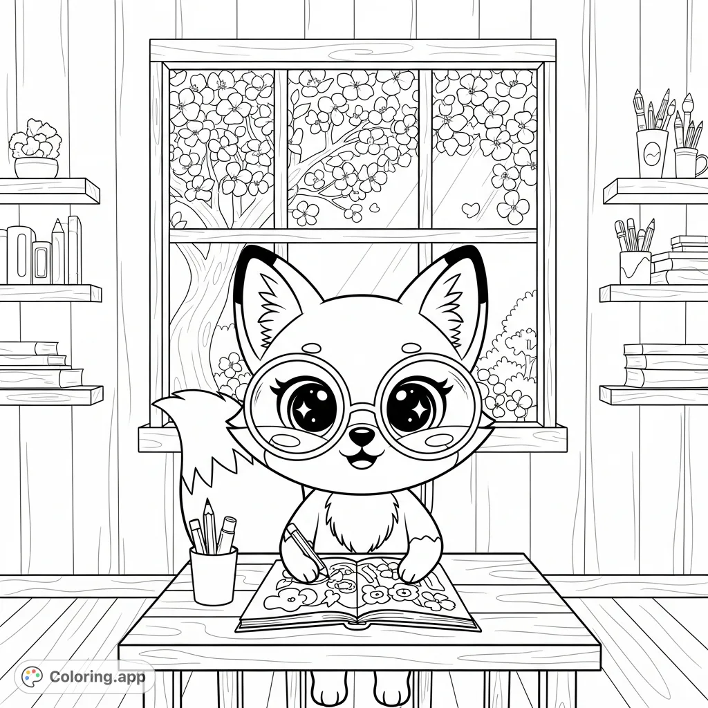 A cute kawaii fox, wearing round glasses, sits at a wooden desk in a cozy art studio, coloring a page with a blooming tree outside the window.