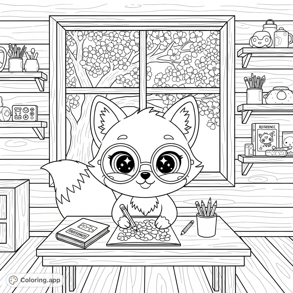 Join a cute kawaii fox with sparkling eyes and round glasses, happily working on art in a cozy wooden cottage studio. A blooming tree is visible through the window.