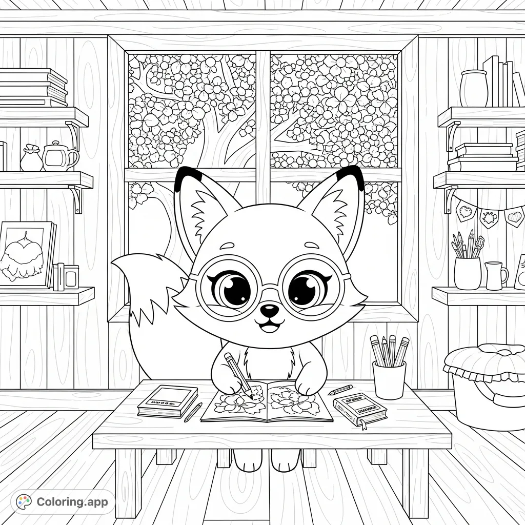 A charming kawaii fox in round glasses, diligently working on a coloring page at a rustic wooden desk in a cozy cottage art studio, surrounded by creative details.