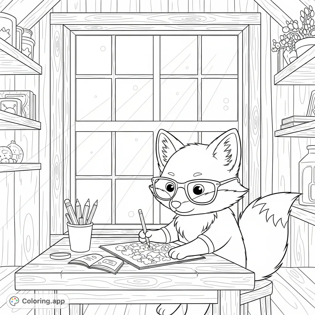 An adorable kawaii fox artist with spectacles works on a coloring page at a rustic wooden table in a cozy cottage studio, bathed in light from a large window.