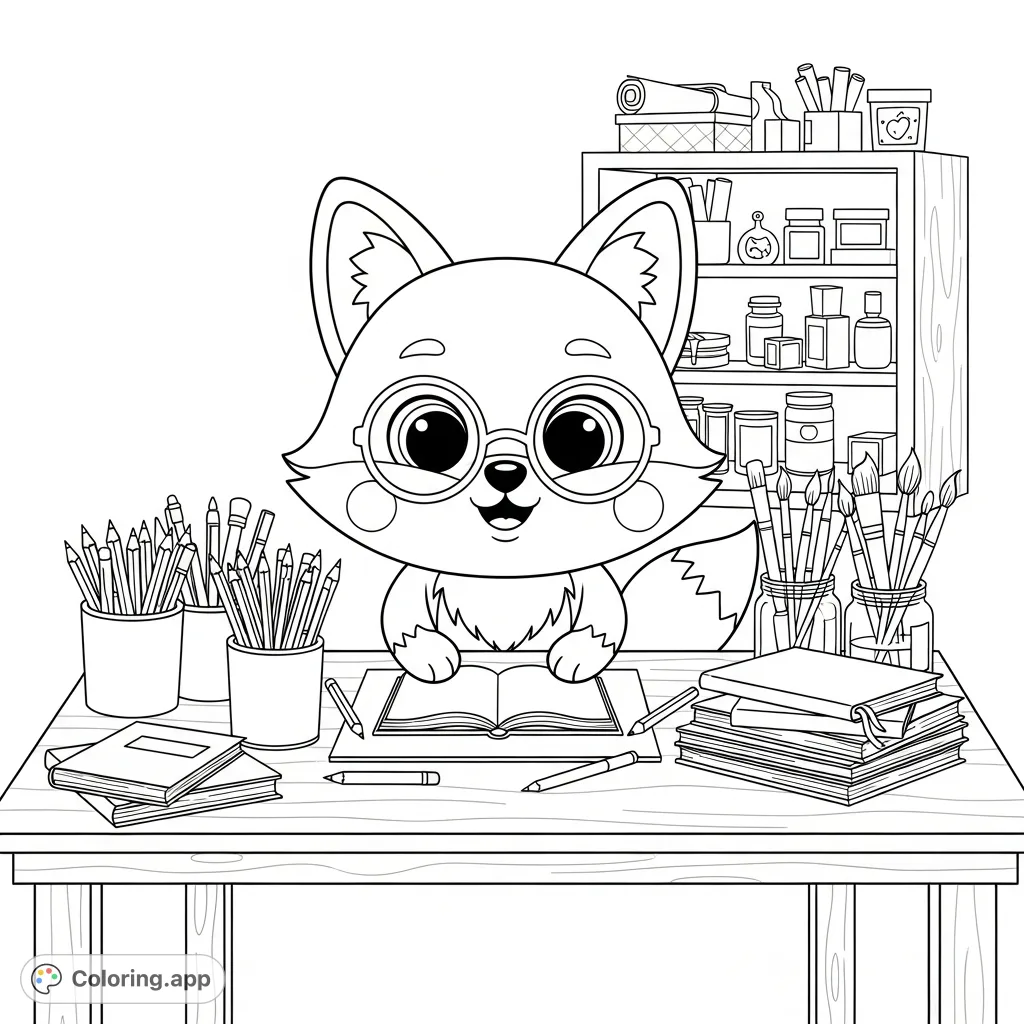 An adorable kawaii fox artist with a happy expression sits at a craft table surrounded by various art supplies, creating a charming and inspiring scene.