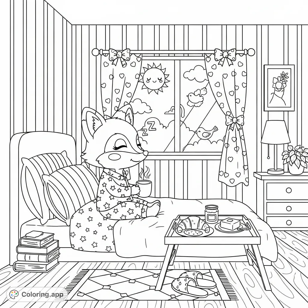 Indulge in a tranquil morning scene with this adorable Kawaii fox coloring page. Enjoy simple patterns and a cozy bedroom setting, perfect for relaxation.