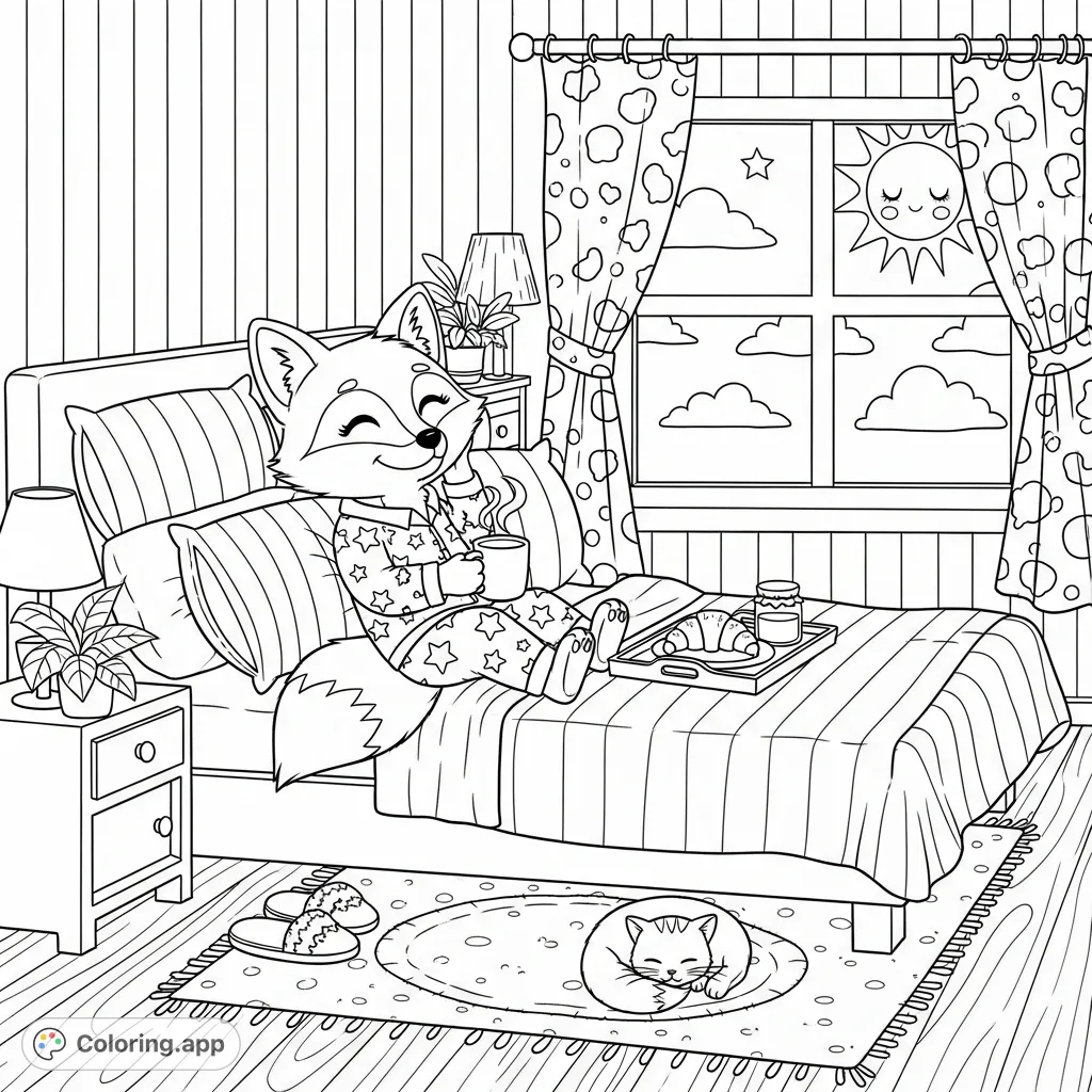 A delightful kawaii fox enjoys a lazy morning in bed with a steaming mug and breakfast. Features a cute cat, patterned pajamas, and a cheerful sunrise scene.