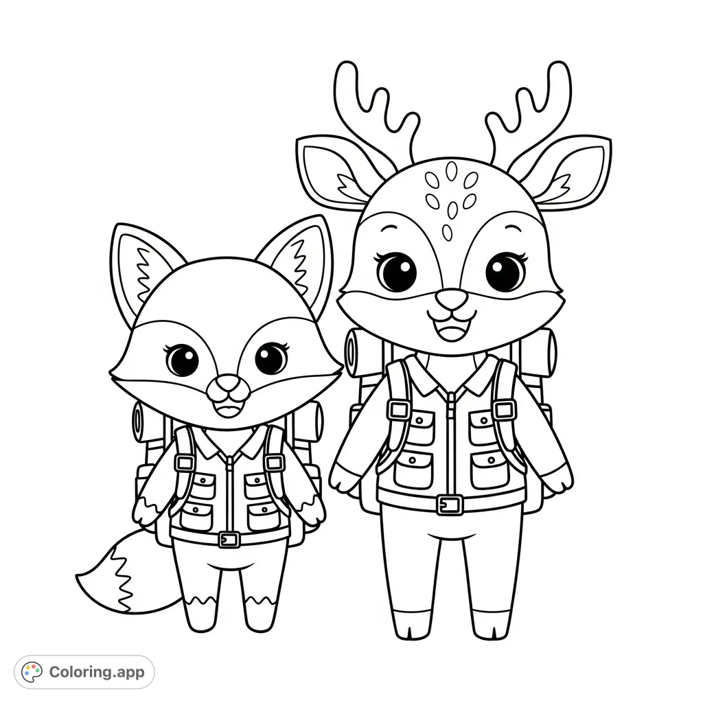 Discover a charming kawaii-style coloring page featuring a cute fox and a deer as hiking friends, perfect for kids and aspiring artists. Simple, joyful design.