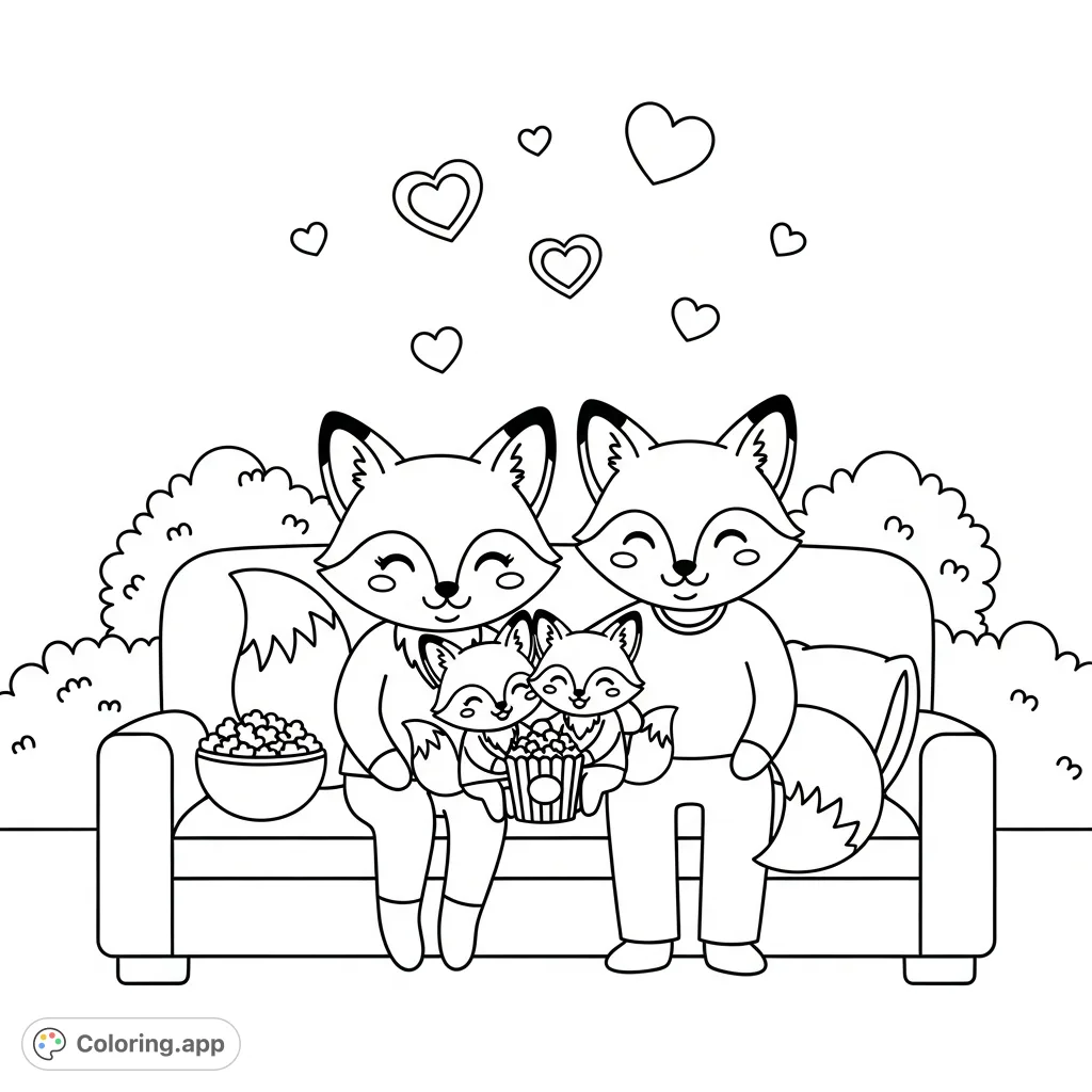 A heartwarming kawaii fox family, mom, dad, and two kits, snuggle on a couch with popcorn and valentine hearts. A charming, cozy scene for all ages.