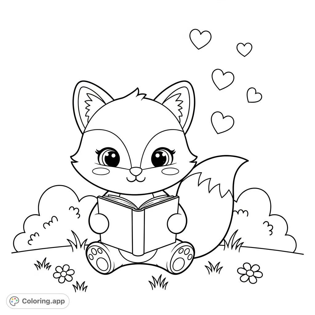 A delightful kawaii fox enjoys a book amidst simple grass and flowers, with floating hearts and rounded bushes in this charming coloring page.