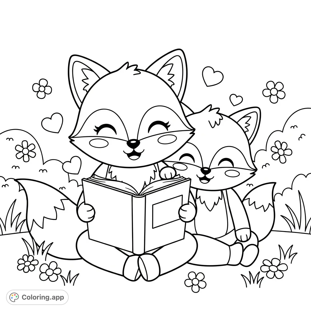 A heartwarming kawaii coloring page featuring two adorable fox siblings sharing a storybook amidst simple flowers and floating hearts. Perfect for gentle creativity.